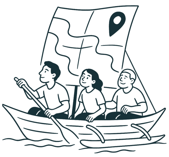Three people in a boat with a map sail